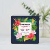 Square Hawaiian Luau Party Dark Blue Floral Invite Aankondiging (Staand voorkant)