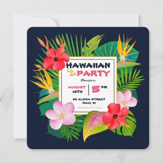 Square Hawaiian Luau Party Dark Blue Floral Invite Aankondiging (Voorkant)