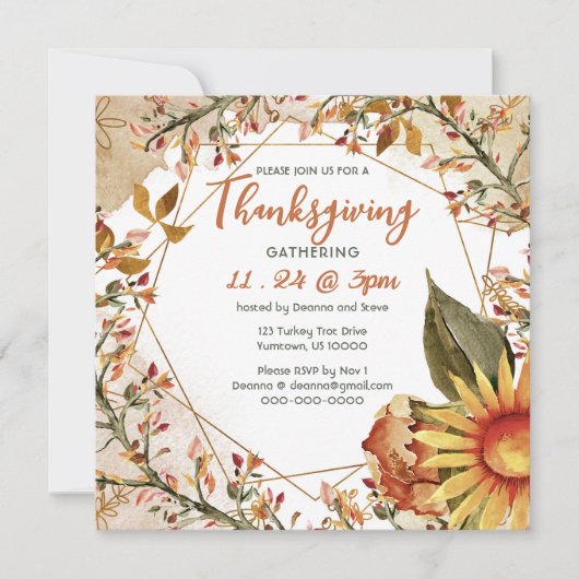 Square Herfst Sunflower Thanksgiving Invitation Kaart (Voorkant)