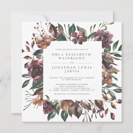 Square Herfst Waterverf Gedemd Floral Lijst Weddin Kaart (Voorkant)