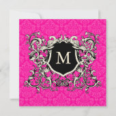 Square Hot Pink Damask Monogram Weddenschap Kaart (Achterkant)