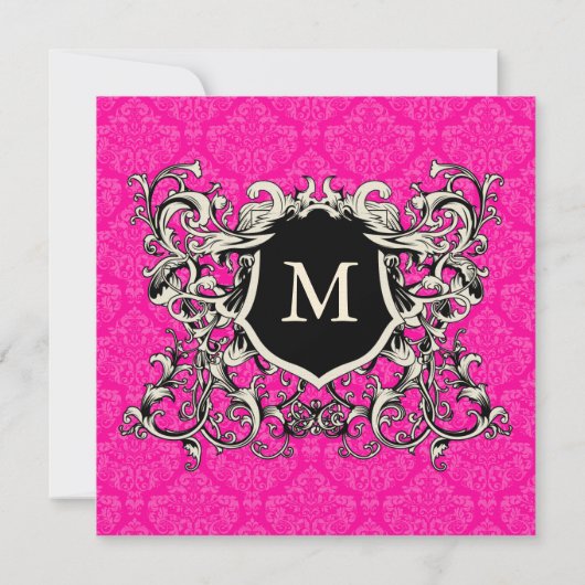 Square Hot Pink Damask Monogram Weddenschap Kaart (Achterkant)