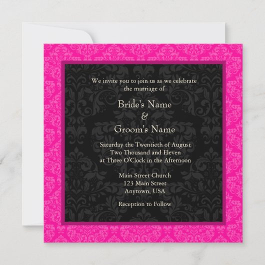 Square Hot Pink Damask Monogram Weddenschap Kaart (Voorkant)