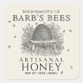 Square Ivory Honey Label  Skep met bijen (Voorkant)