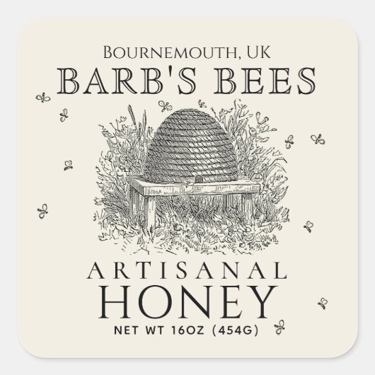 Square Ivory Honey Label  Skep met bijen (Voorkant)