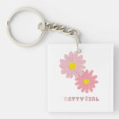 Square keychain with pink daisy flowers (voorkant)