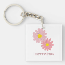 Square keychain with pink daisy flowers