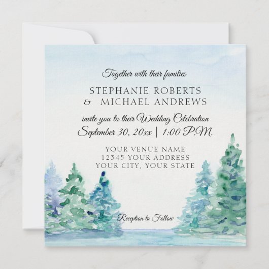 Square Lakeside Mountain Pine Tree Outdoor Wedding Kaart (Voorkant)