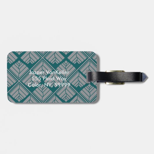 Square Leaf Pattern Blauwgroen Neutraal Bagagelabel (Achterkant horizontaal)