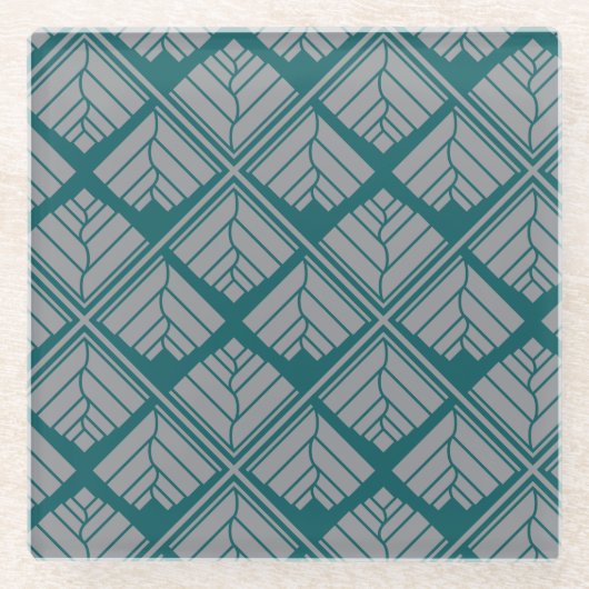 Square Leaf Pattern Blauwgroen Neutraal Glazen Onderzetter (Voorkant)