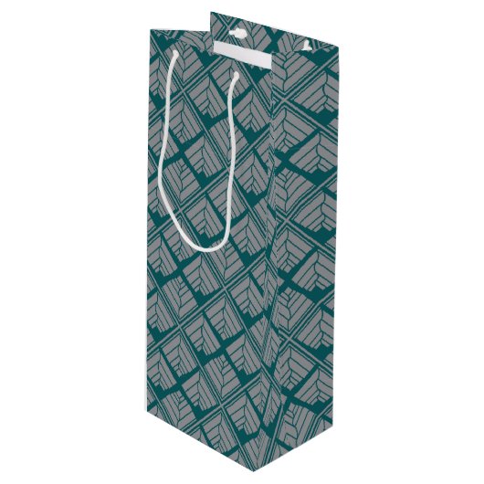 Square Leaf Pattern Blauwgroen Neutraal Wijn Cadeautas (Voorkant Gekanteld)
