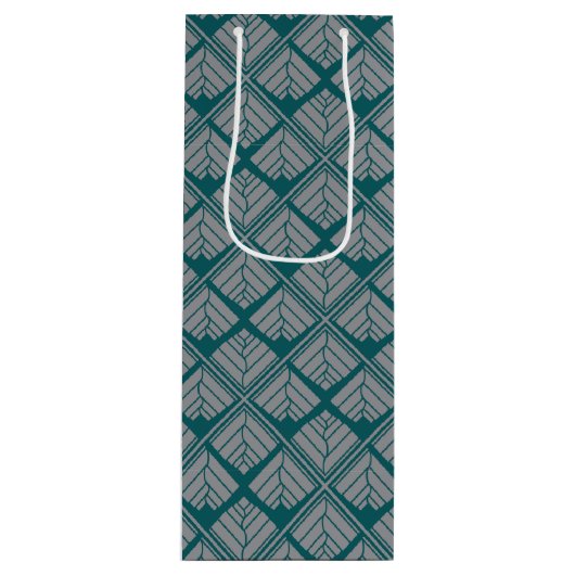 Square Leaf Pattern Blauwgroen Neutraal Wijn Cadeautas (Voorkant)