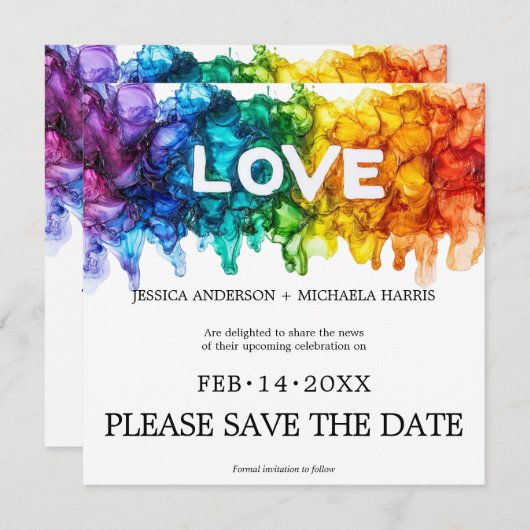 🌈 🐦 Square LGBTQ Painted With Love wedding  Save The Date (Voorkant / Achterkant)