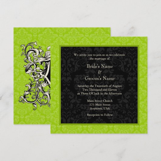 Square Limoen Greeen Damask Monogram Wedding Invit Kaart (Voorkant / Achterkant)