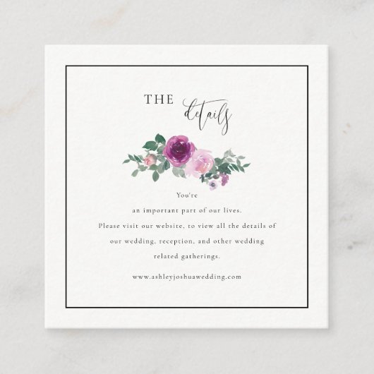 Square Magenta Pink Floral Ivory Details Informatiekaartje (Voorkant)