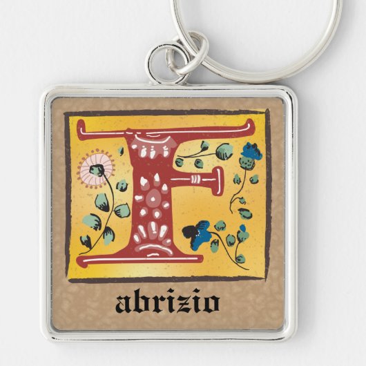 Square medieval Floral, belicht op monogram Sleutelhanger (Voorkant)