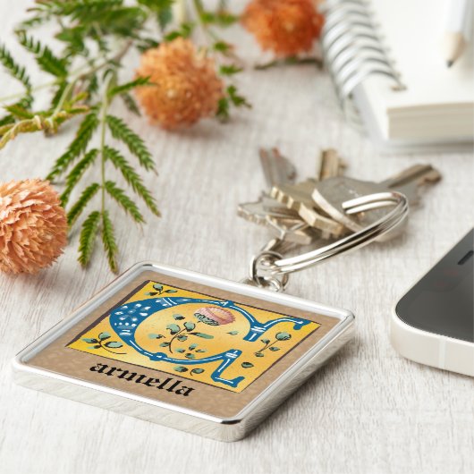 Square medieval Floral Illuminated C Monogram Sleutelhanger (Zijkant)