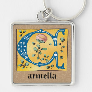 Square medieval Floral Illuminated C Monogram Sleutelhanger