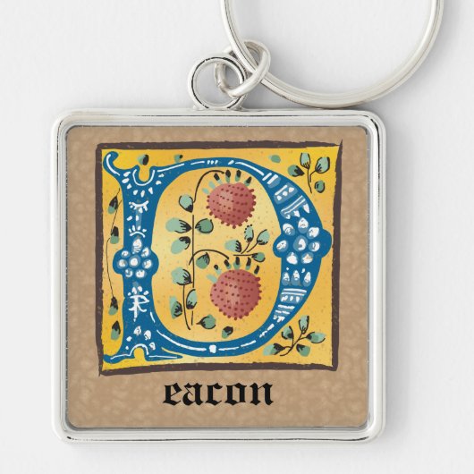 Square medieval Floral Illuminated D Monogram Sleutelhanger (Voorkant)