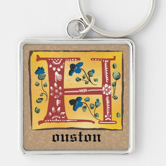 Square medieval Floral Illuminated H Monogram Sleutelhanger (Voorkant)