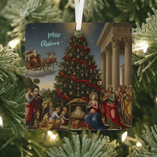 Square Metal Nativity Santa Christmas Ornament (Insitu)
