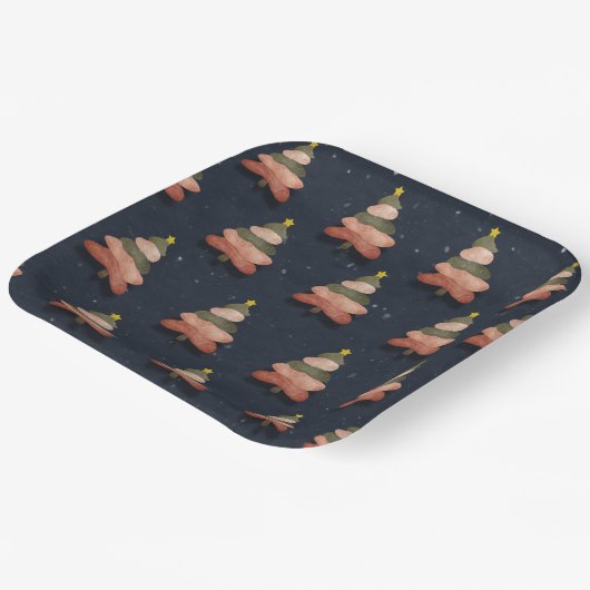 Square Midnight Blue Kerstboom Patroon Groot Papieren Bordje (Gebogen)