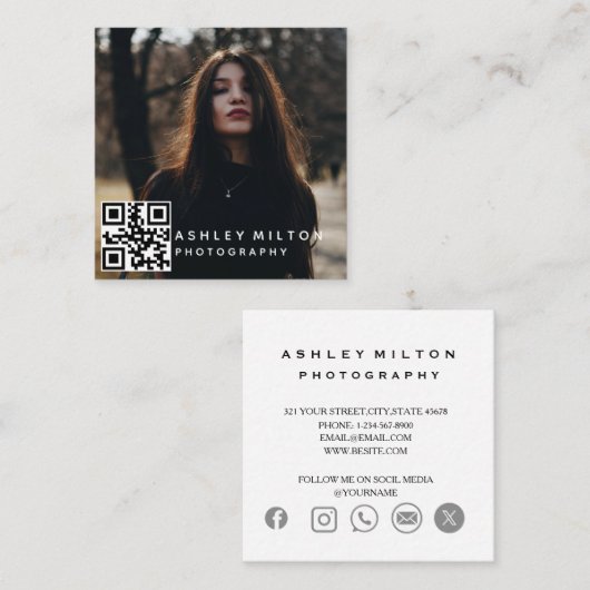 Square Modern Photography Visitekaartje met QR Co (Voorkant / Achterkant)