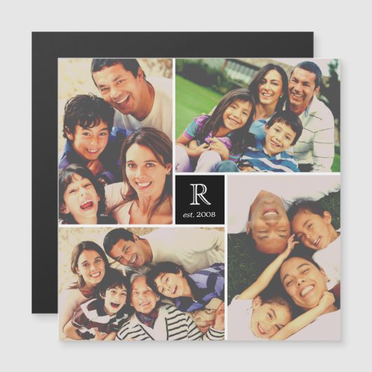 Square Monogram 4 Photo Collage Magnetic Card (Voorkant / Achterkant)
