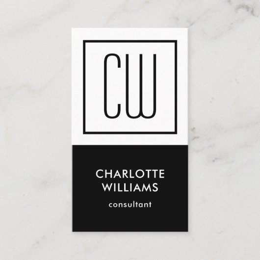 Square Monogram minimalistisch zwart-wit verticaal Visitekaartje (Voorkant)