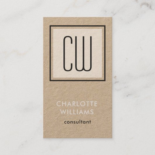 Square Monogram Modern minimalist Kraft & Black Visitekaartje (Voorkant)
