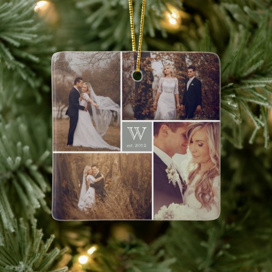 Square Monogram Simple Photo Collage Holiday Keramisch Ornament (Boom)