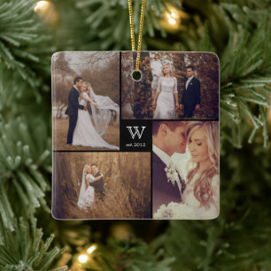 Square Monogram Simple Photo Collage Holiday Keramisch Ornament