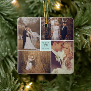 Square Monogram Simple Photo Collage Holiday Keramisch Ornament