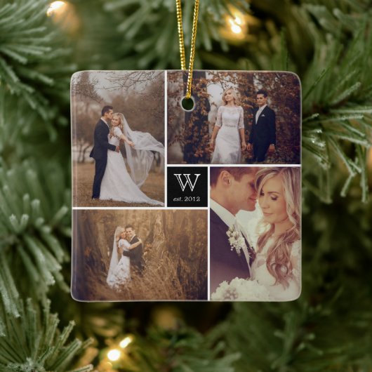 Square Monogram Simple Photo Collage Holiday Keramisch Ornament (Boom)