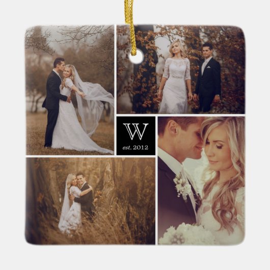 Square Monogram Simple Photo Collage Holiday Keramisch Ornament (Voorkant)