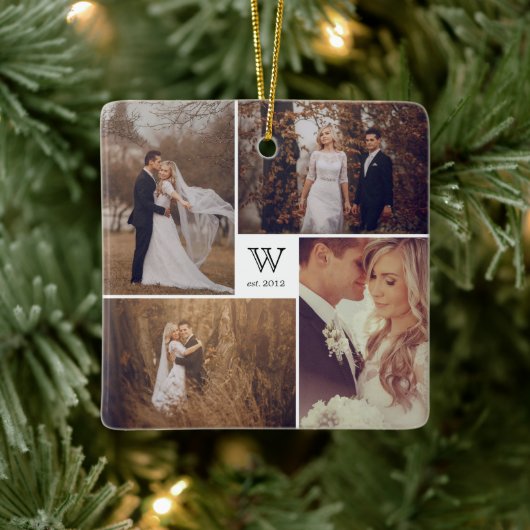 Square Monogram Simple Photo Collage Kerstmis Keramisch Ornament (Boom)