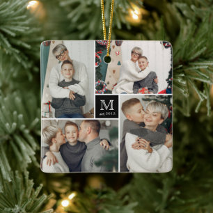 Square Monogram Simple Photo Collage Kerstmis Keramisch Ornament