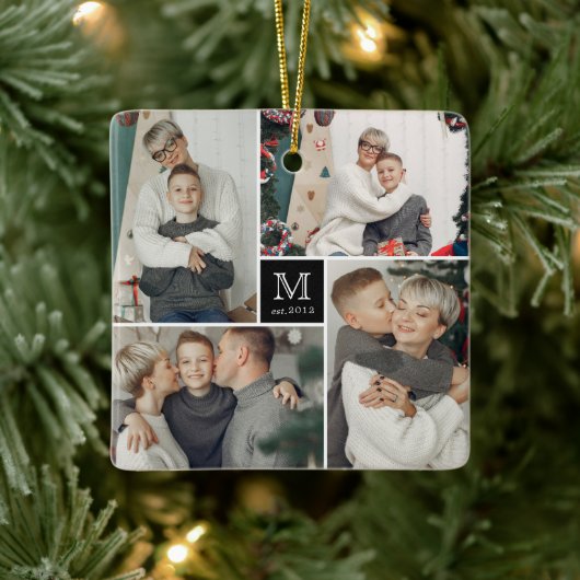 Square Monogram Simple Photo Collage Kerstmis Keramisch Ornament (Boom)