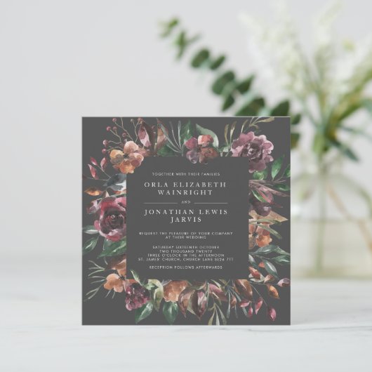 Square Moody Herfst Floral Burst Wedding Kaart (Staand voorkant)