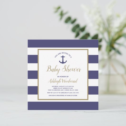 Square Nautical Anchor Navy Blue Boy Baby shower Kaart (Staand voorkant)