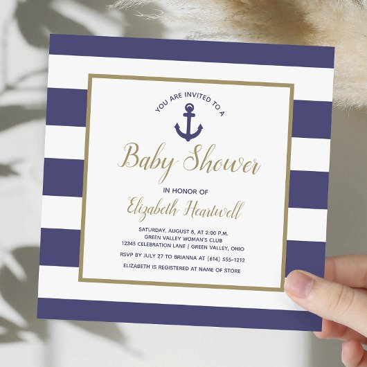Square Nautical Navy Blue Anchor Boy Baby Shower Kaart