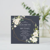 Square Navy Blue Gold Geometric White Floral Kaart (Staand voorkant)