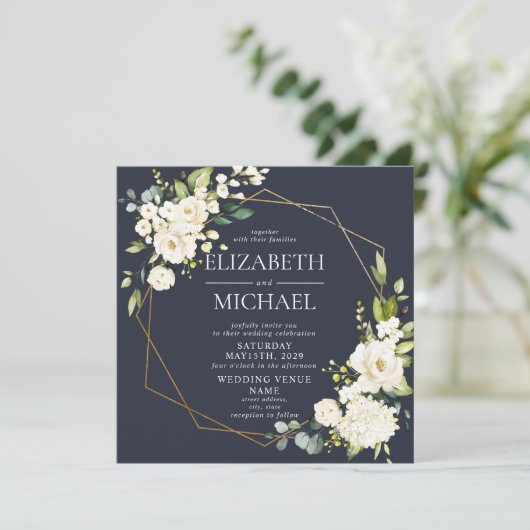 Square Navy Blue Gold Geometric White Floral Kaart (Staand voorkant)