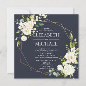 Square Navy Blue Gold Geometric White Floral Kaart (Voorkant)