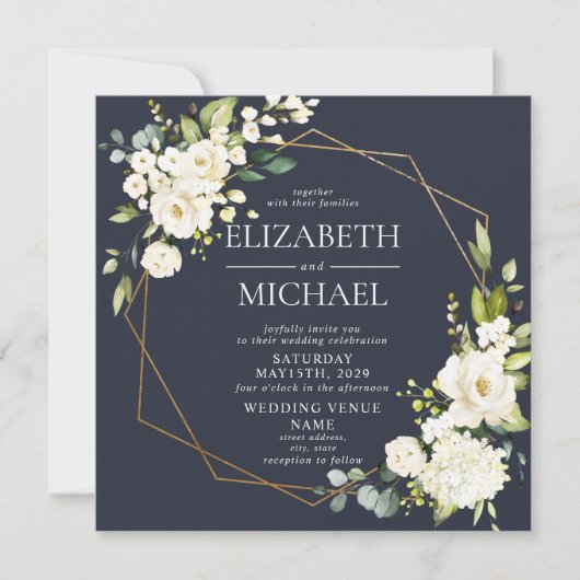 Square Navy Blue Gold Geometric White Floral Kaart (Voorkant)