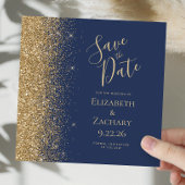 Square Navy Blue Gold Glitter Save the Date Aankondiging