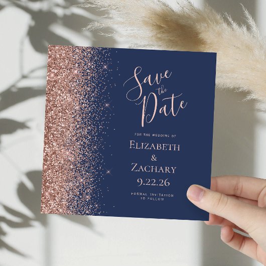 Square Navy Blue Roos Gold Save the Date Aankondiging