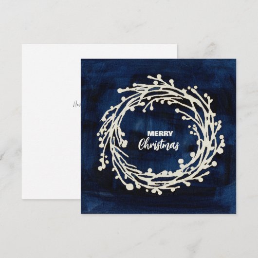 Square Navy Blue Wreath Christmas Kaart (Voorkant / Achterkant)
