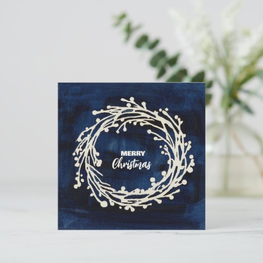 Square Navy Blue Wreath Christmas Kaart (Staand voorkant)