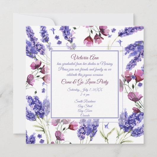 Square Paarse Waterverf Flowers Afstuderen Kaart (Achterkant)